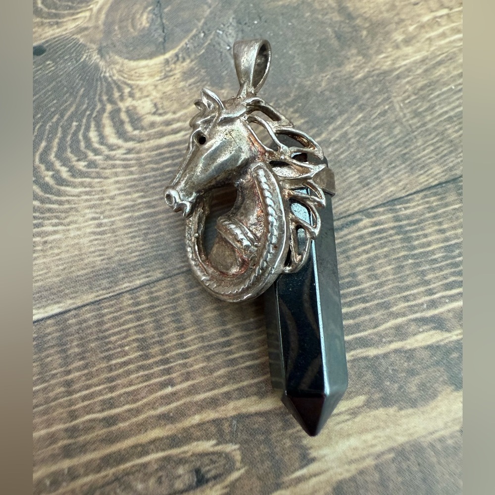Vintage Horse Pendant Sterling Silver Mark 925 Black Jet Onyx Stone